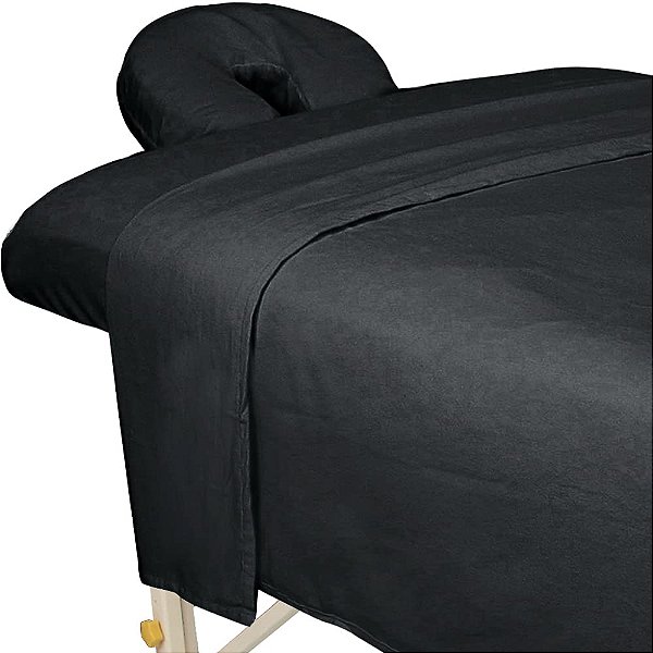Conjunto de 3 peças de lençóis de flanela premium ForPro para mesas de massagem, inclui lençol plano, lençol ajustado e capa ajustada para apoio facial, preto.