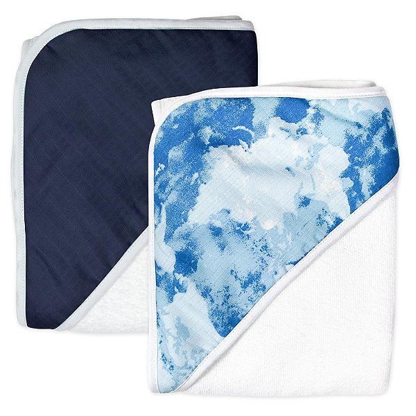 Toalhas com capuz de algodão orgânico HonestBaby Baby 2-Pack, Mundo em Aquarela/Azul Marinho, Tamanho Único