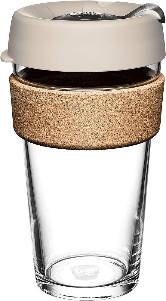 Caneca de Café de Vidro Temperado Reutilizável KeepCup | Caneca de Viagem com Tampa à Prova de Vazamentos, Faixa de Cortiça, Leve, Livre de BPA | Grande | 16oz | Filtro