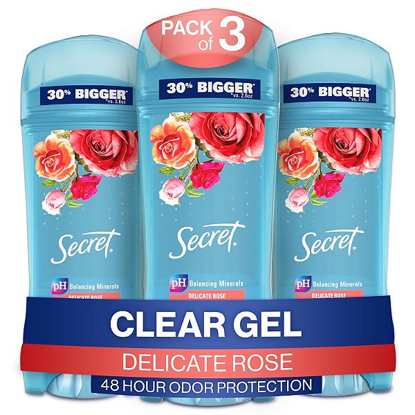 Desodorante e Antitranspirante Secret para Mulheres, Fragrância Delicada de Rosa, Gel Transparente 3.4 oz (Pacote com 3)