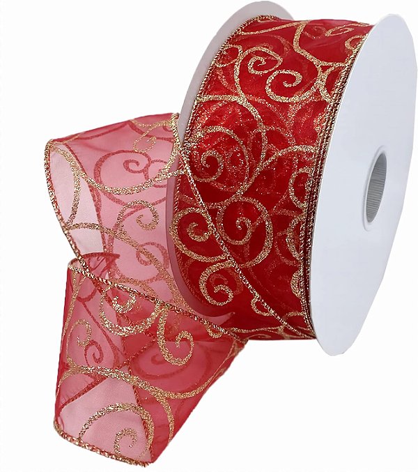 Fita Morex 7416.60/50-934 Swirl 2.5 X 50 YD Nylon Sheer Curling Wired Glitter, Vermelho/Dourado, Fitas de Natal para Artesanato e Decorações de Natal, Fita de Natal