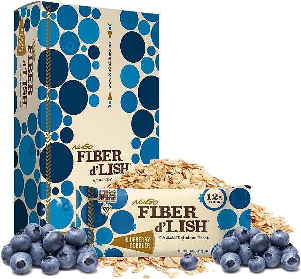 NuGo Fiber d'Lish Blueberry Cobbler, 12g de Fibra, Vegano, 150 Calorias, 1.6 Onça (Pacote com 16)