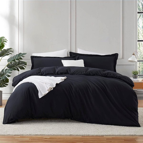 Capa de Edredom Queen Size Preta Hearth & Harbor - Conjunto de Capa de Edredom Queen Size de 3 Peças, Capas de Edredom Queen Size Duplamente Escovadas com Fechamento de Botão, 1 Capa de Edred