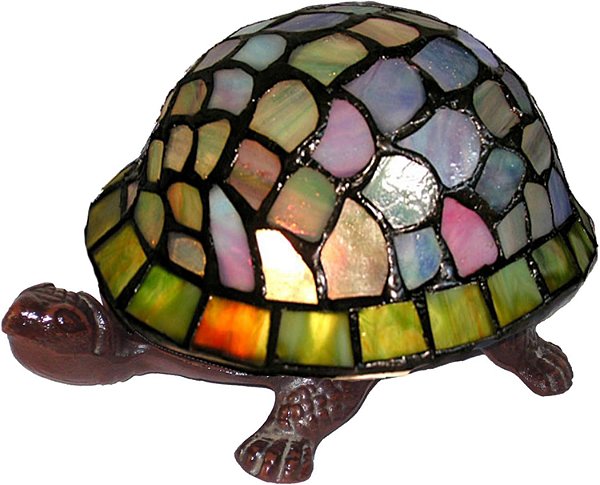 Luminária de Mesa Tiffany em Metal e Vidro Multicolorido, Estilo Tartaruga, Bronzetone