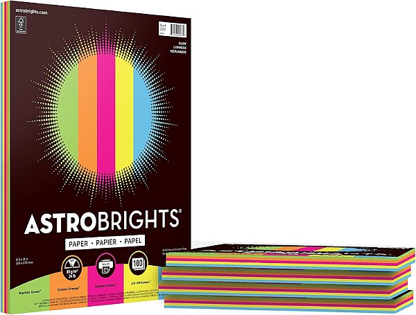 Papel Colorido Astrobrights, 8,5 x 11, 24 lb/89 gsm, Brilho Sortimento de 5 Cores, 5 Pacotes Individuais com 100 Folhas Sortidas - Total de 500 Folhas (222