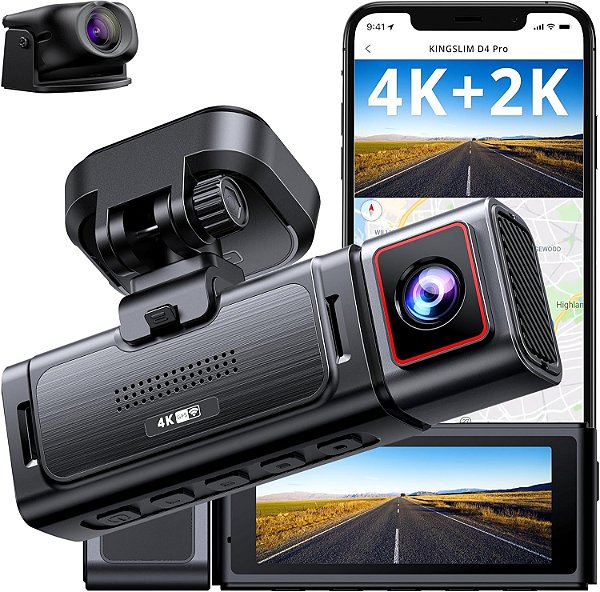Câmera de painel Kingslim D4PRO dianteira e traseira - câmera de painel de carro dupla 4K + 2K com WiFi GPS, gravação interna opcional, controle de voz, tipo C, suporte máximo de