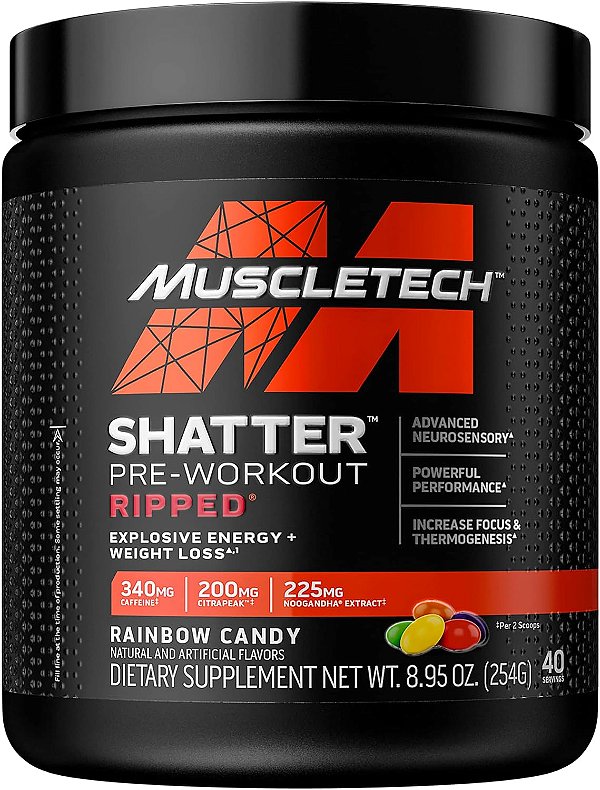 Pré-treino + Perda de Peso MuscleTech Shatter Ripped Pré-Treino Pré-treino para Homens e Mulheres Mistura de Energia em Pó para Bebida Fórmula de Energia + Perda de Peso S