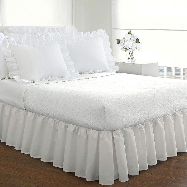 Ruffled Bedskirt para Cama FRESH IDEAS, Comprimento Clássico de 18 polegadas, Estilo Franzido, Solteiro, Branco (FRE30118WHIT01)