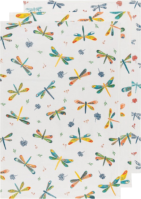 Now Designs Panos de Cozinha de Algodão de Secagem Rápida, Conjunto de Toalhas de Mão, 3 unidades, Libélula, 20 x 30 polegadas