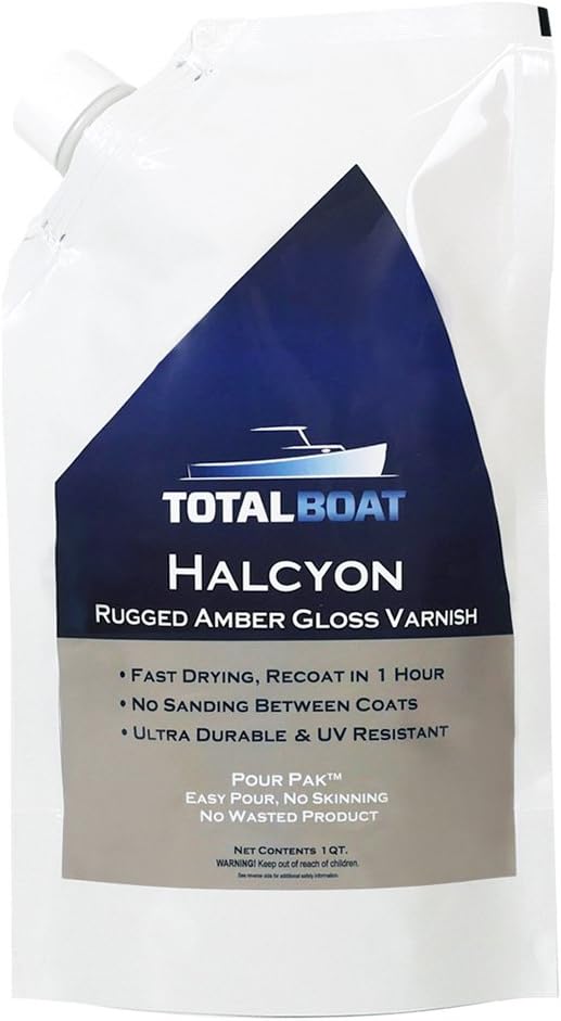 Verniz Marítimo Halcyon TotalBoat-513021 (Âmbar Transparente, Quart) | Acabamento à Base de Água de Poliuretano para Madeira | Proteção UV Brilhante e Transparente para Uso Interior e Exterior