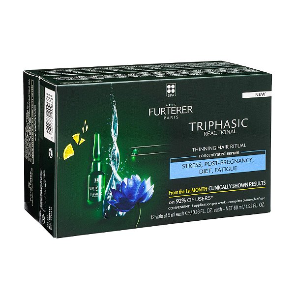 Sérum Concentrado Reactional TRIPHASIC Rene Furterer - Para Queda Repentina de Cabelo - Pós-Parto, Estresse - Livre de Medicamentos - 12 unid., Fornecimento de 3 Meses