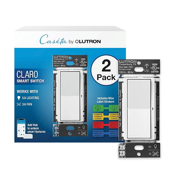 Interruptor Inteligente Lutron Claro para Iluminação Inteligente Caseta, para Controle de Ligação/Desligamento de Luzes ou Ventiladores | Inclui Etiquetas para Identificação de Fios | Fio Neutro Necessário |