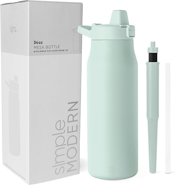 Garrafa de água filtrada Simple Modern | Garrafas de água de viagem de aço inoxidável isolado com filtro de carbono | Reutilizável para água potável limpa em movimento | Coleção Mesa | 34oz, Menta Ret