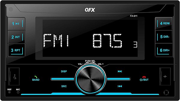 Estéreo para carro QFX FX-911 Bluetooth com rádio AM/FM, tocador de MP3, display LCD, 2 portas USB, entrada AUX e tocador de MP3