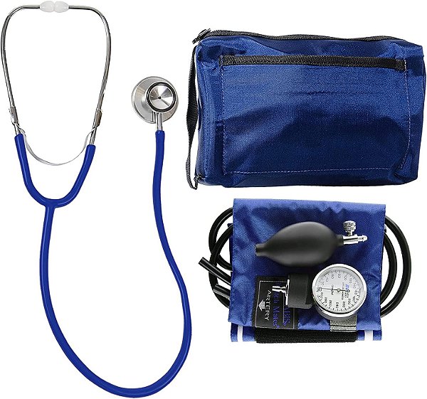 Kit de Pressão Arterial Residencial MABIS MatchMates Aneroid Sphygmomanometer e Estetoscópio de Dupla Cabeça, com Braçadeira de Nylon Calibrada, Qualidade Profissional, Estojo de Transporte, Az