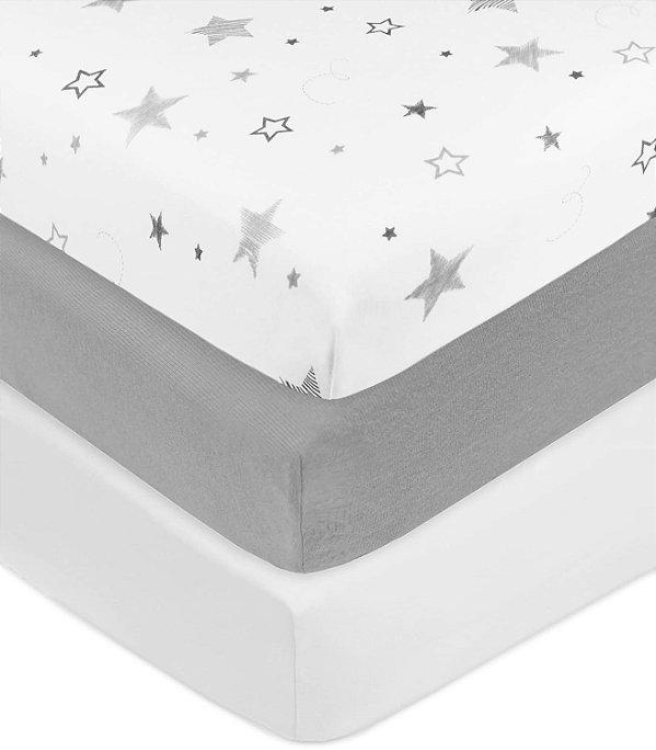 Empresa Americana de Bebê 3 Pack Lençóis de Berço Ajustados 28 x 52, Lençol de Jersey 100% Algodão Macio e Respirável, Super Estrelas/Cinza/Branco, para Meninos e Men