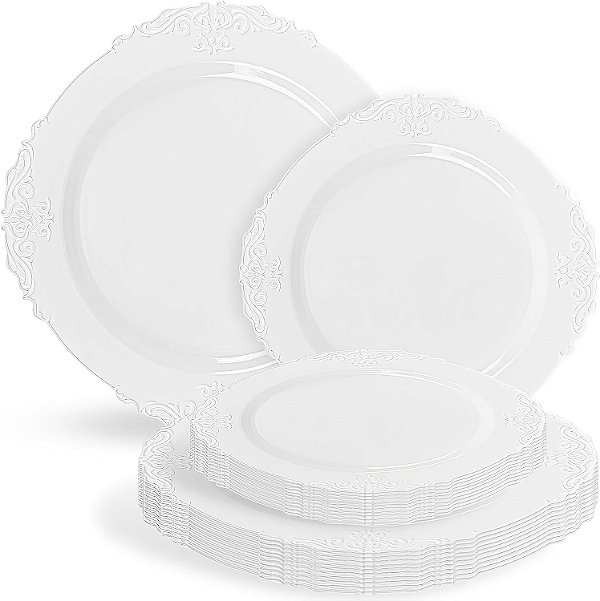 Pratos Brancos em Alto Relevo Blue Sky Victorian - 7,5 e 10,25 em Plástico Descartável (32 Unidades) | Design Elegante para Festas e Eventos