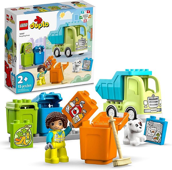 Caminhão de Reciclagem LEGO DUPLO Town 10987 Conjunto de Brinquedo para Montar, Aprenda Brincando com Este Presente de Aniversário Criativo STEM para Crianças Pequenas, Meninos, Meninas a partir de