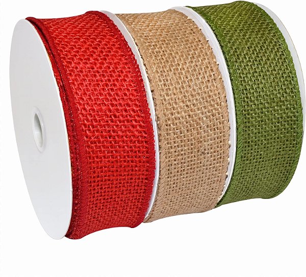Fita Morex 1252.40/P3-004 Burlap 1.5 X 30 YD com fio de juta, Natural/Verde/Vermelha (3-Pack), rolo de juta para artes e artesanato, decoração