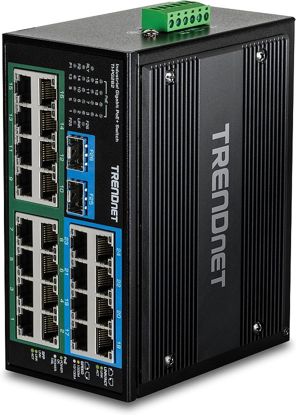 Chave industrial não gerenciada Trendnet de 26 portas resistente com trilho DIN Gigabit, TI-PG262, 16 portas Gigabit PoE +, 8 portas Gigabit RJ-45, 2 portas SFP, IP30, prote