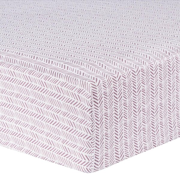Lençol ajustado para berço em zigue-zague lilás - 100% algodão; branco, rosa; totalmente elasticizado; bolsos de 10 polegadas; ajusta-se ao colchão de berço padrão 28 pol x 52 pol