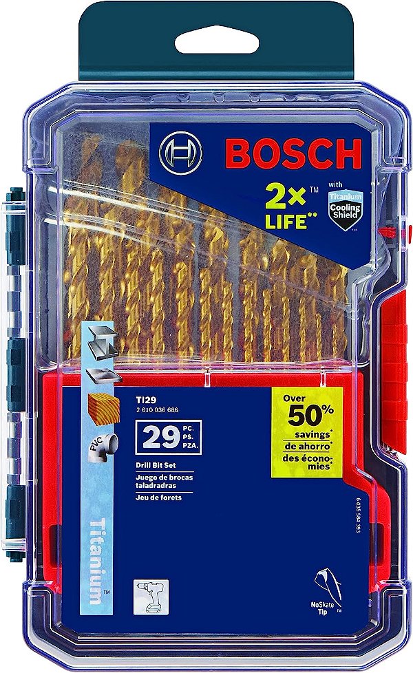 Conjunto sortido de 29 peças de brocas de metal revestidas com nitreto de titânio BOSCH TI29, com estojo incluso com haste tripla para aplicações em aço de alto calibre, metal de baixo calibre e made
