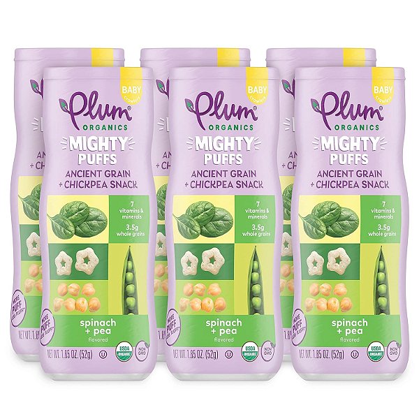 Petiscos Orgânicos Mighty Puffs para Bebês - Sabor Espinafre & Ervilha - (Pacote com 6) 52g - Petiscos de Grãos Antigos e Grão-de-bico