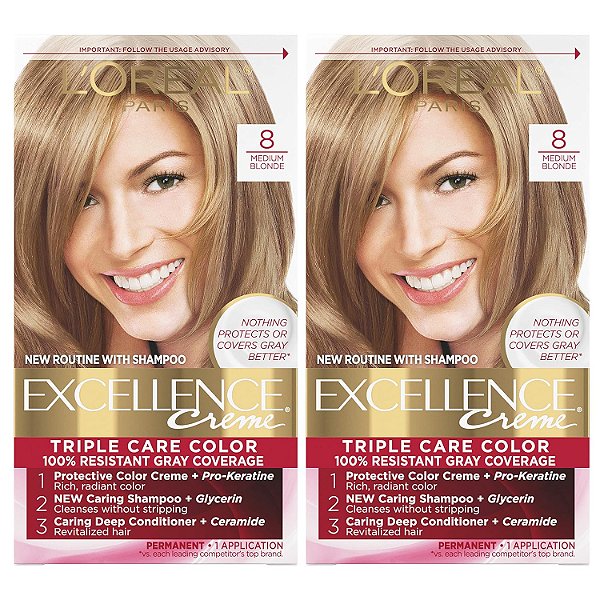 L'Oreal Paris Excellence Creme Corante Capilar Permanente, Loiro Médio 8, Cobertura de 100% dos Fios Brancos, Kit com 2 Unidades