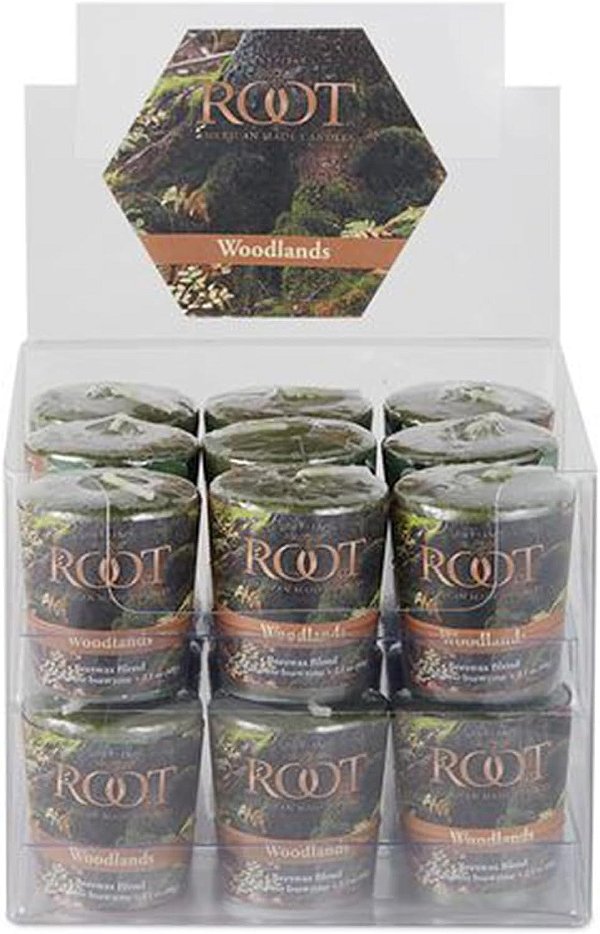 Velas Votivas Perfumadas de Outono da Root Candles, Mistura Premium de Cera de Abelha Artesanal, 20 Horas de Queima, Embalagem com 18 Unidades, Bosques