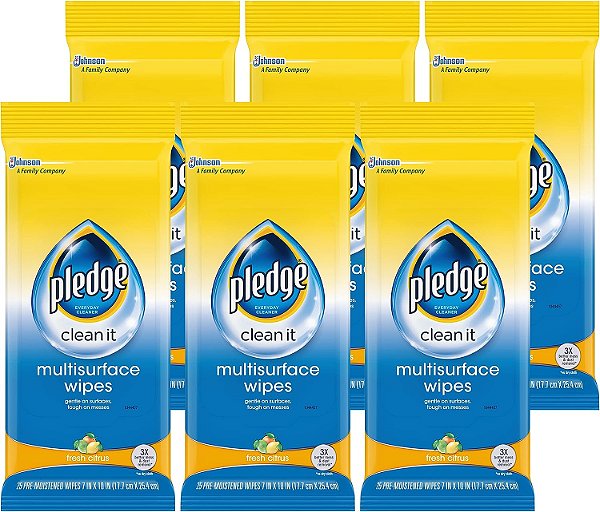 Lencos umedecidos Pledge Multi-Surface para polir móveis, funciona em madeira, granito e couro, limpa e protege, citros frescos - Pacote com 6 (total de 150 lenços)
