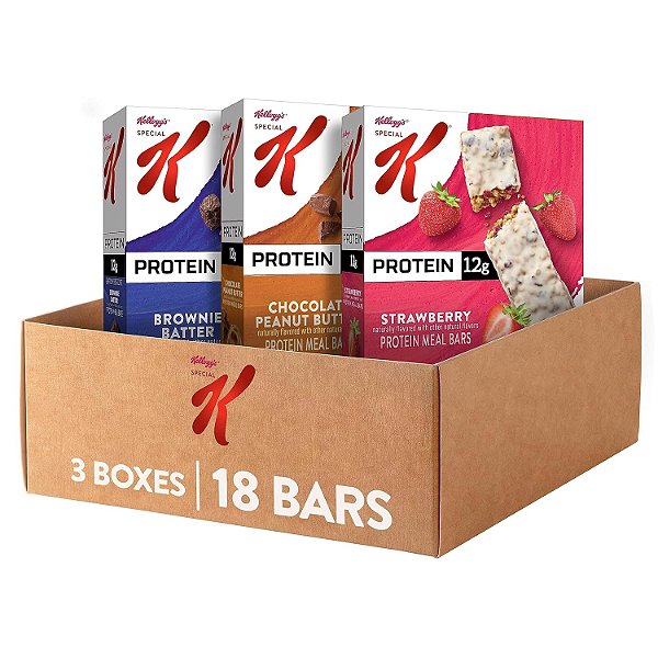 Barras de Proteína Kellogg's Special K, Substituto de Refeição, Lanche de Proteína em Maior Quantidade, Pacote Variado (3 caixas, 18 barras)