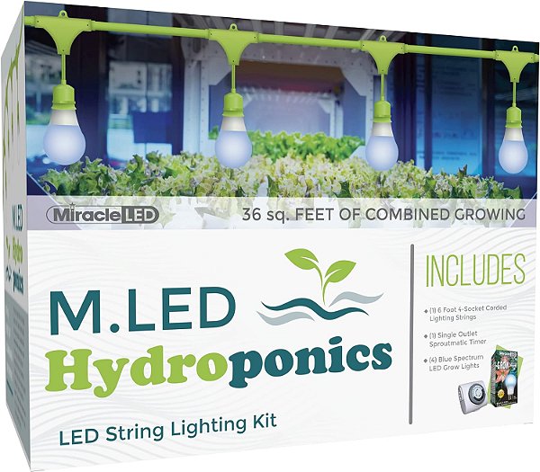 Kit de Luzes de Crescimento LED para Hidroponia Indoor da Miracle - Inclui 4 Lâmpadas de Luz de Crescimento de Espectro Azul Ultra Grow de 150W e 1 Conjunto com 4 Soquetes com Tempor