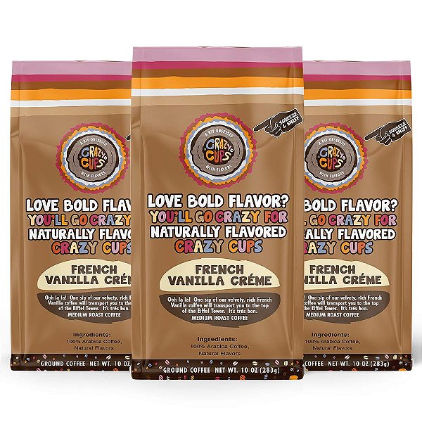 Café Francês de Baunilha Louca, Café Moído Aromatizado (Creme de Baunilha), Pacote de 3 Sacos de 10 onças