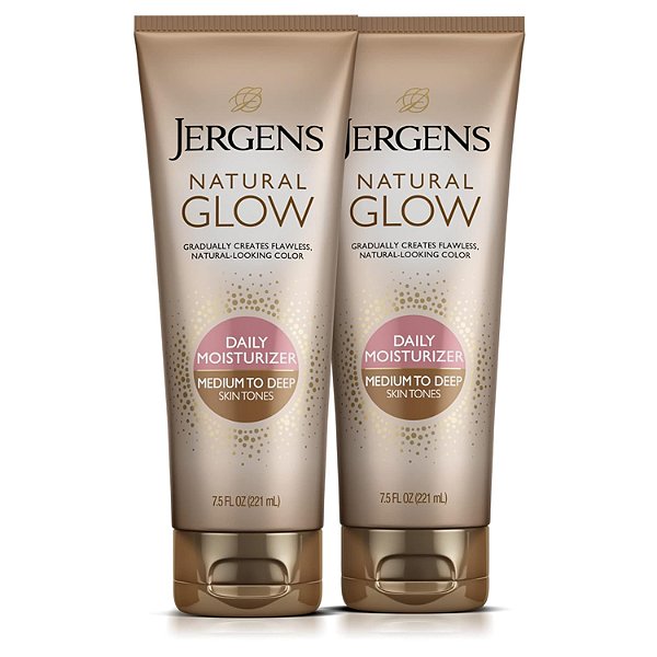 Loção autobronzeadora Jergens Natural Glow, Bronzeamento Falso sem Sol Diário, Tom Médio a Profundo da Pele, Hidratante Diário, com Antioxidantes e Vitamina E, 7,5 oz (Pacote com 2)