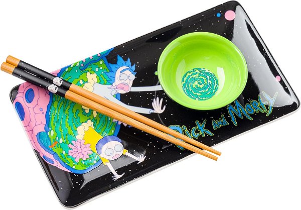 Conjunto de Sushi de Cerâmica de 3 peças Rick and Morty Pink Planet Portal em Caixa da Silver Buffalo, 5.75x9.65x2