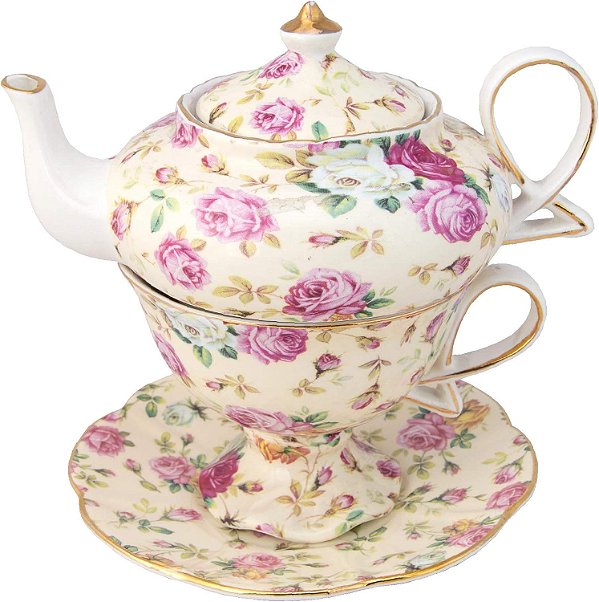 Porcelana de 4 peças Gracie China por Coastline Imports para Chá para um, Chaleira Empilhada, Xícara e Pires, Estampa de Rosas Cottage Cream Chintz