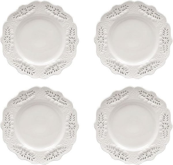 Gracie China, Coleção Rosa Vitoriana, Prato de Sobremesa de 8 polegadas, Porcelana Fina Branca, Conjunto de 4