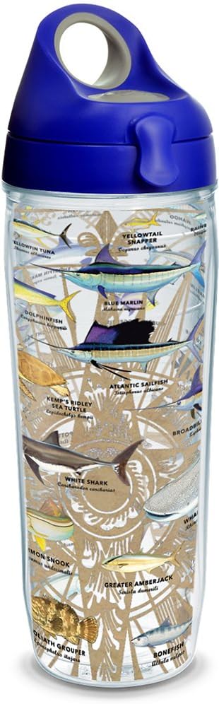 Tervis Guy Harvey Charts Feito nos EUA Copo de Viagem Isolado de Parede Dupla Mantém Bebidas Frias e Quentes, Garrafa de Água 24oz - Legado, Clássico