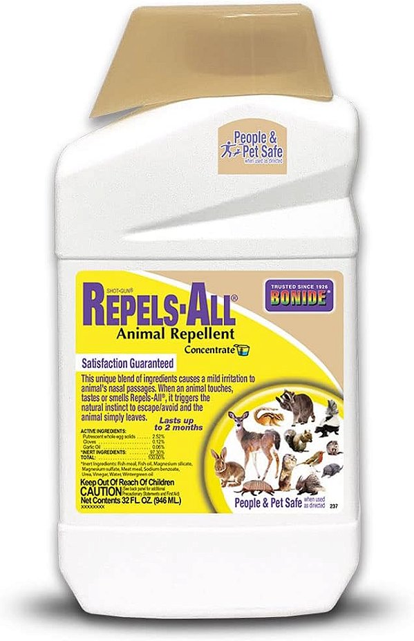 Repelente de Animais Bonide Repels-All, Concentrado de 32 oz, Repelente de Veados de Jardim Externo de Longa Duração, Seguro para Pessoas e Animais de Estimação.