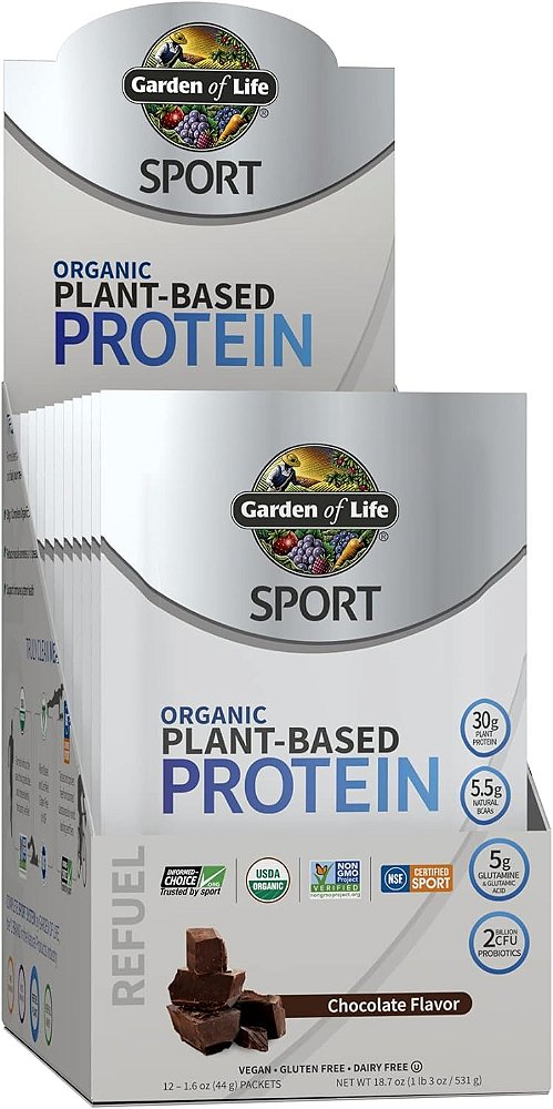 Pó de proteína à base de plantas orgânicas Garden of Life Sport Chocolate - Pacote com 12 sachês de 30g - Pó de proteína vegana premium para mulheres e homens por porção, pó de BCAA de plantas com mist