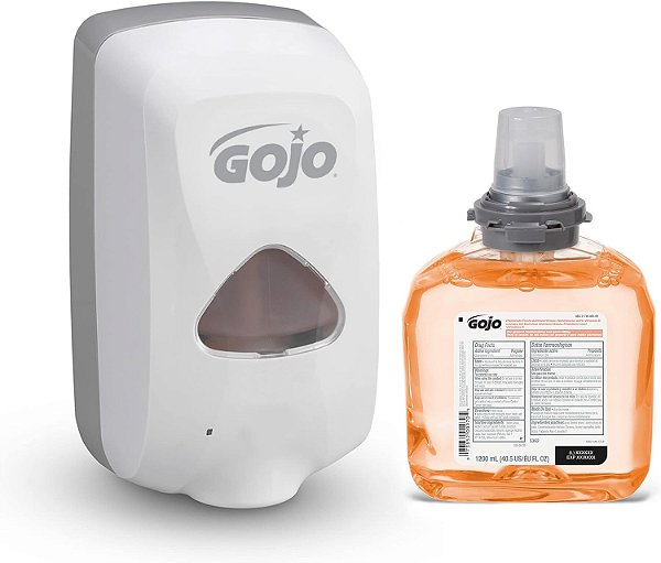 Kit Inicial de Sabonete Líquido Antibacteriano Espuma Premium Gojo, Fragrância de Frutas Frescas, 1 Refil de 1200 mL + 1 Dispensador de Sabonete sem Toque TFX Cinza Dove - 5362