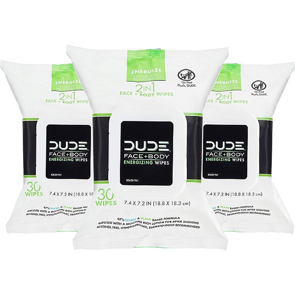 Dude Wipes - Pacote com 3, 90 lenços umedecidos, Infundidos com Pró Vitamina B5 Energizante, Livres de Álcool e Hipoalergênicos.