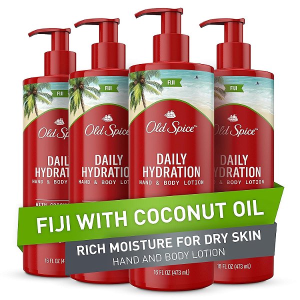 Loção Hidratante Diária para as Mãos e o Corpo Old Spice para Homens, Fiji com Óleo de Coco, 16 fl oz (Pacote com 4)