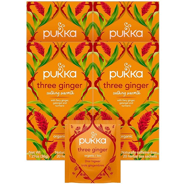 Chá herbal orgânico de três gengibres Pukka, sem cafeína, kosher, certificado orgânico pelo USDA, 20 saquinhos de chá (Pacote com 4)