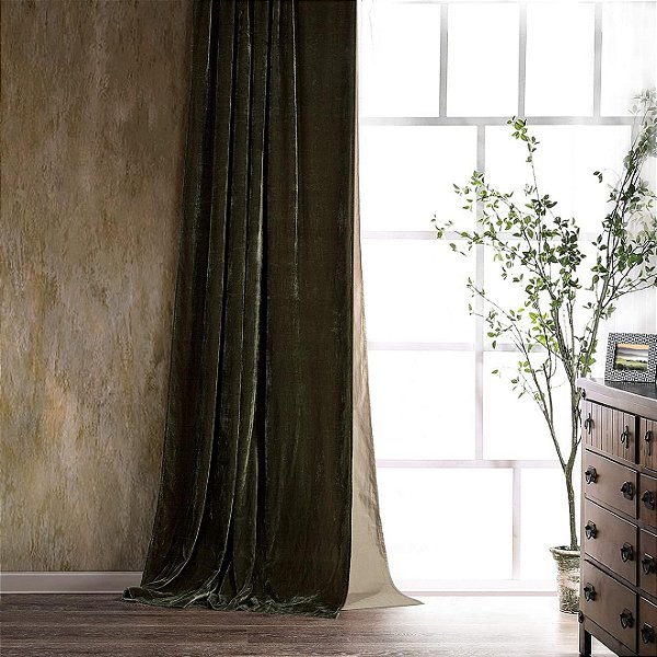 Cortinas de Janela de Veludo de Seda Falsa Stella HiEnd Accents, Cortinas de Bolso para Varão, 48x108 polegadas, Verde Feto, Estilo Romântico Ocidental Moderno Tradicional para Quarto