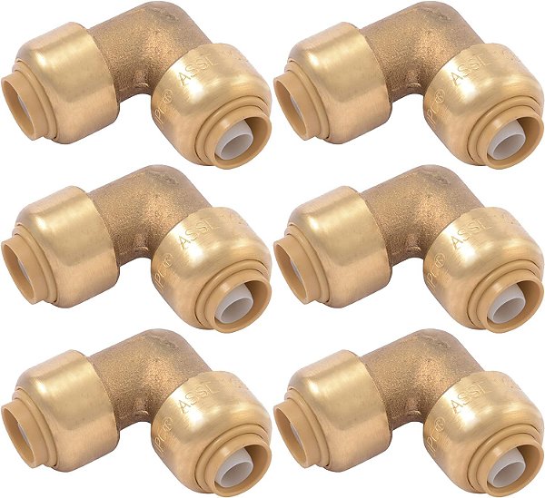 Adaptador de Tubo de Latão SharkBite 3/8 Polegadas (1/2 Polegada OD) - 90 Graus, Pacote com 6, Conexão Rápida, para Tubos PEX, Cobre, CPVC,