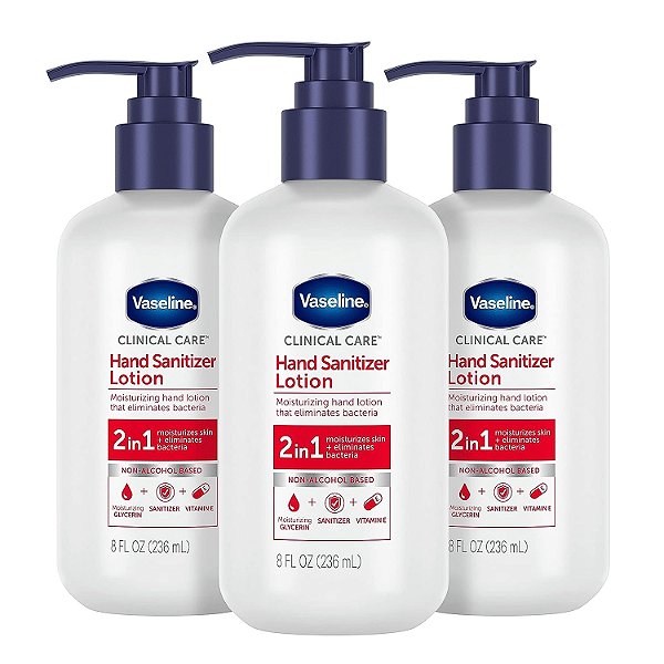 Loção Higienizante e Hidratante para as Mãos Vaseline 2 em 1 Cuidado Hidratante para a Pele com 3 Unidades Hidrata e Elimina Bactérias com Vitamina E 8 oz