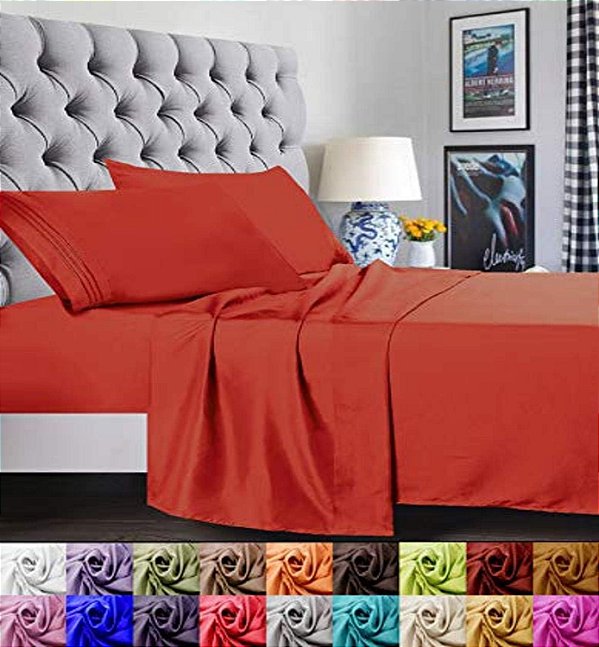 Conjunto de lençóis de cama 4 peças em tamanho completo, cor ferrugem/laranja, premiada qualidade de hotel de luxo, super macio, sem rugas e resistente a desbotamento da Marca Elegant Comfort 1500