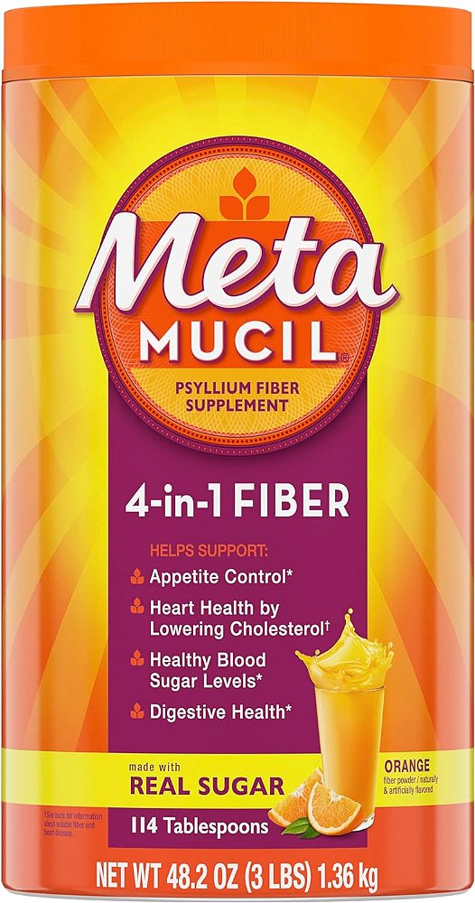 Metamucil, Suplemento Diário de Pó de Casca de Psyllium com Açúcar Real, 4-em-1 de Fibras para a Saúde Digestiva, Bebida com Sabor Suave de Laranja, 114 Porções