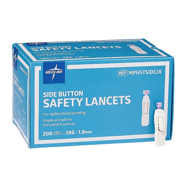 Lancetas estéreis de segurança Medline com ativação lateral por botão, 28G x 1,8 mm - Caixa com 200 unidades, Dispositivo confiável de coleta de sangue para teste de glicose no sangue.